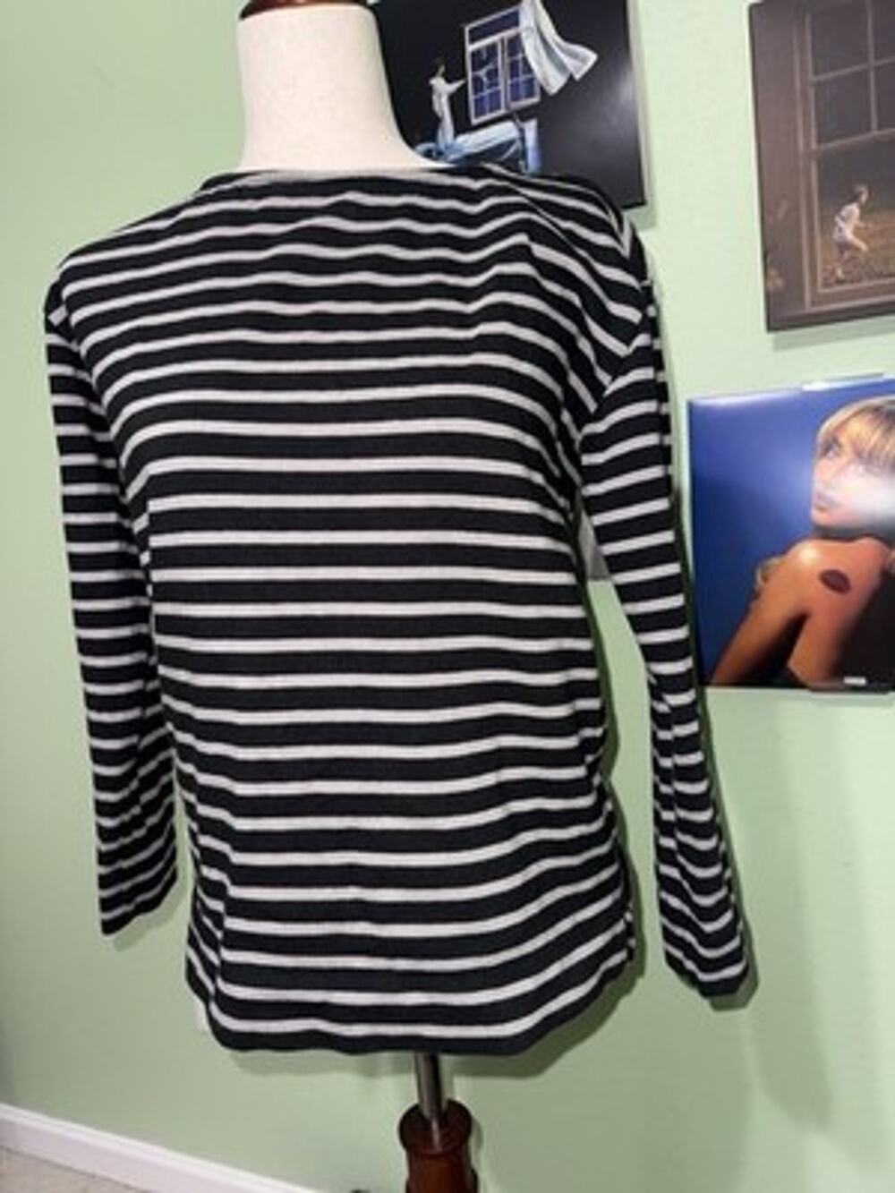 Everlane Women Long Sleeve Shirt sz S Gray Black Striped Organic Cotton Boatneck